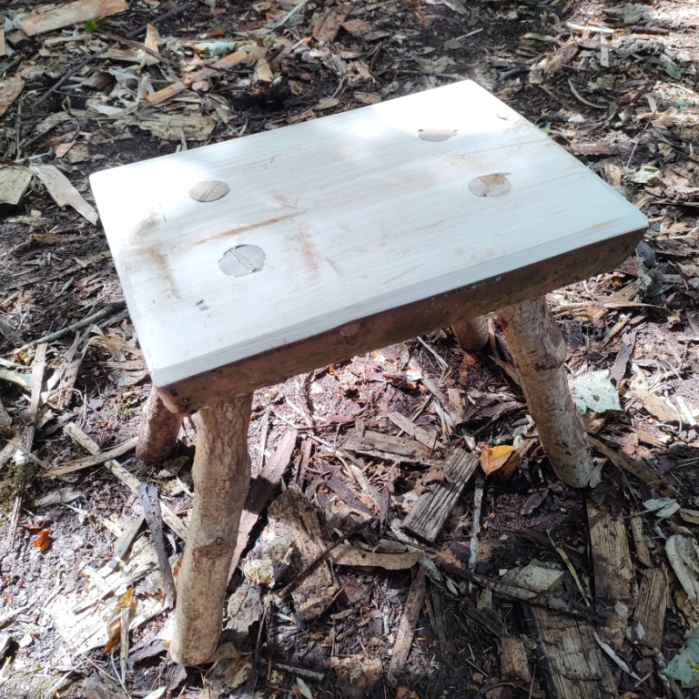 Slab and stick stool with hazel wood legs